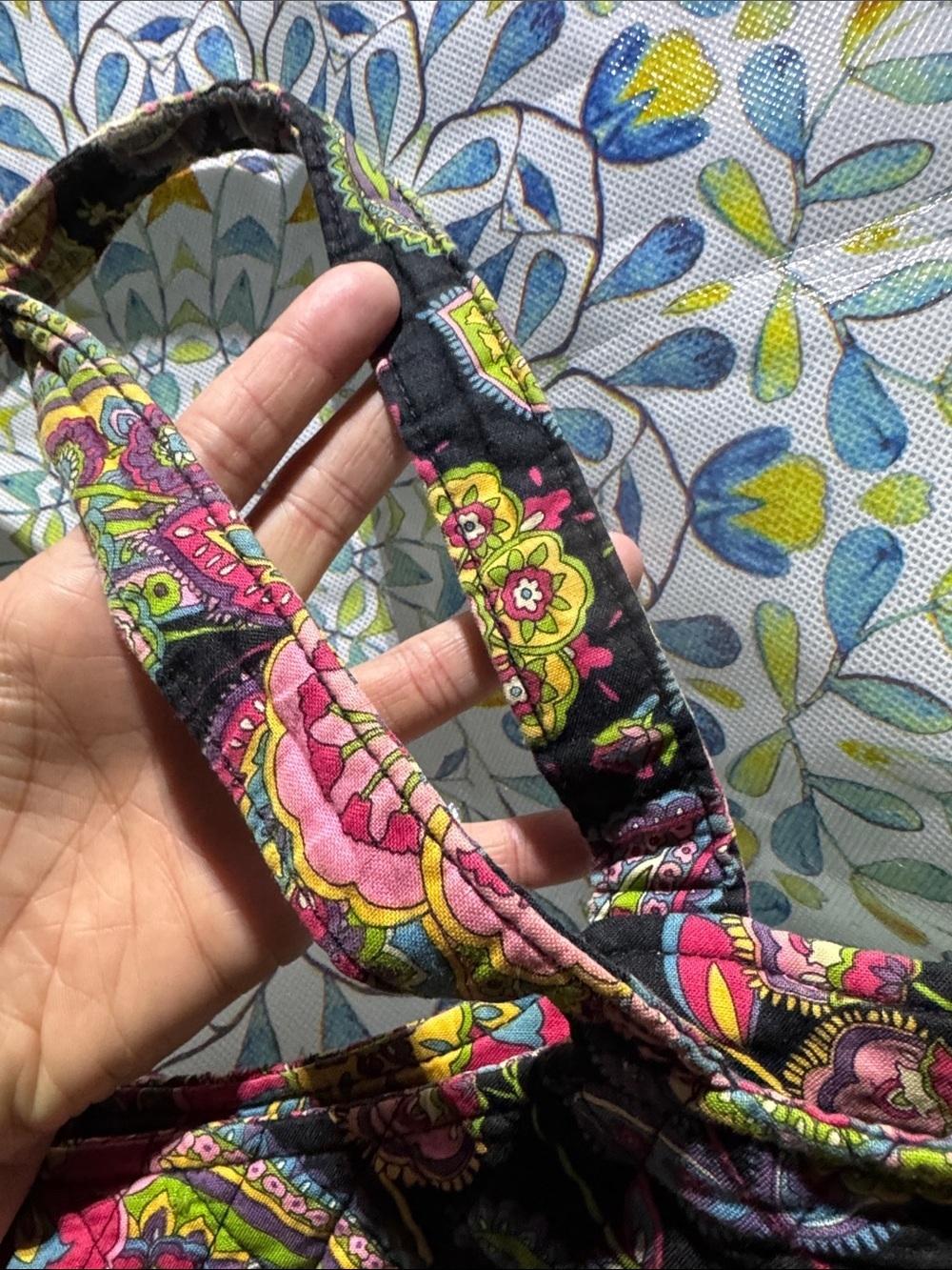 Vera Bradley Black Quilted Tote with Pink, Green & Yellow Floral Print - Picture 7 of 10